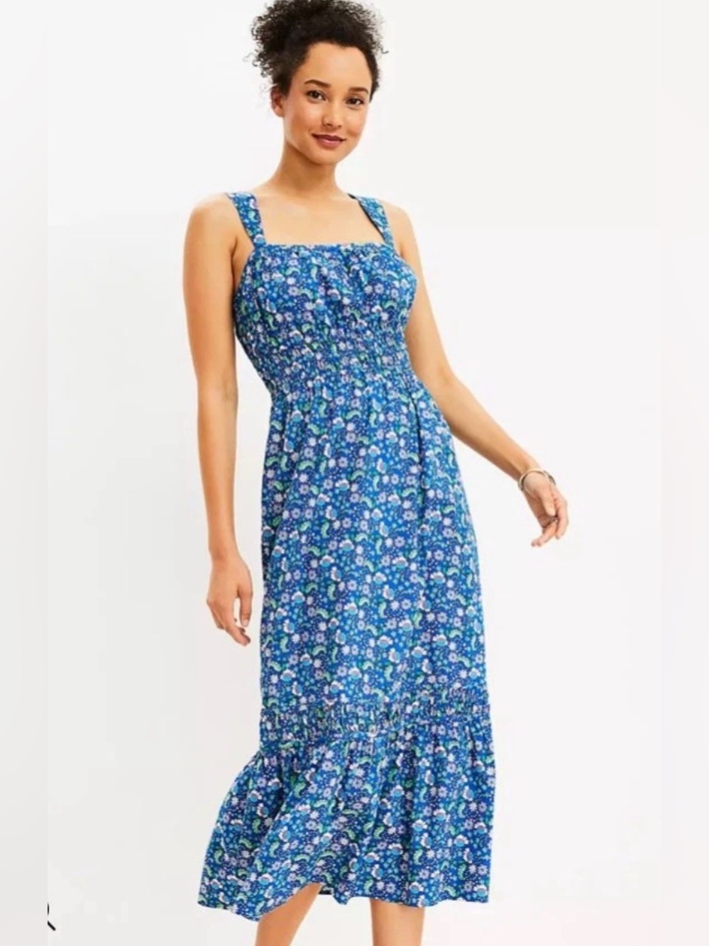 Blue Floral Shirred Smocked Maxi Dress, Size XS